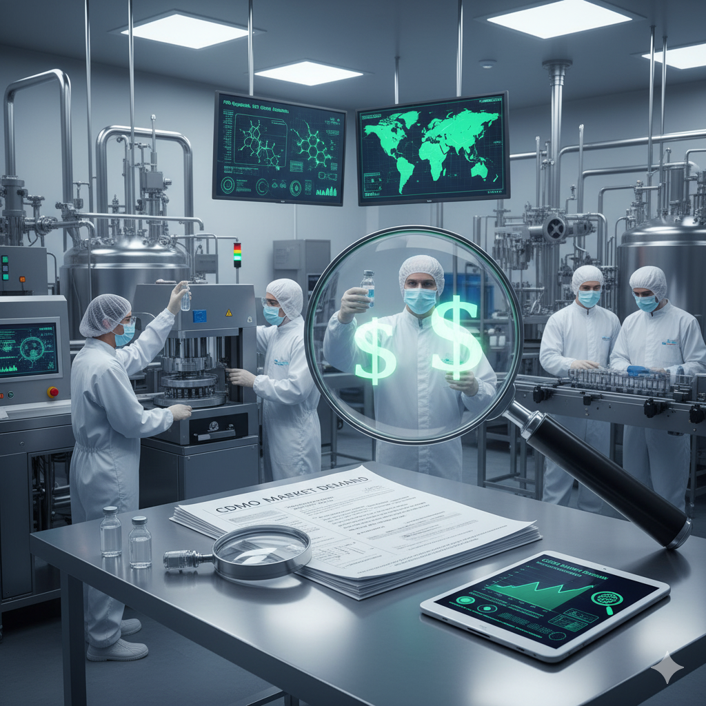 A modern CDMO (Contract Development and Manufacturing Organization) facility illustrating a profitable pharma business model, with scientists working in a sterile environment and data on market demand.