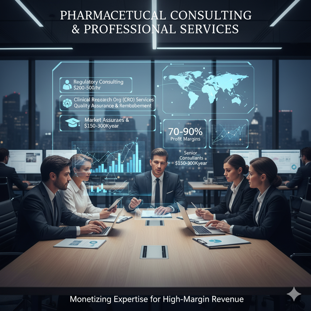 Professionals working in an office with a large transparent screen displaying 'Digital Health & Pharma Software Solutions' data, including a $43.5 billion market and high gross margins.