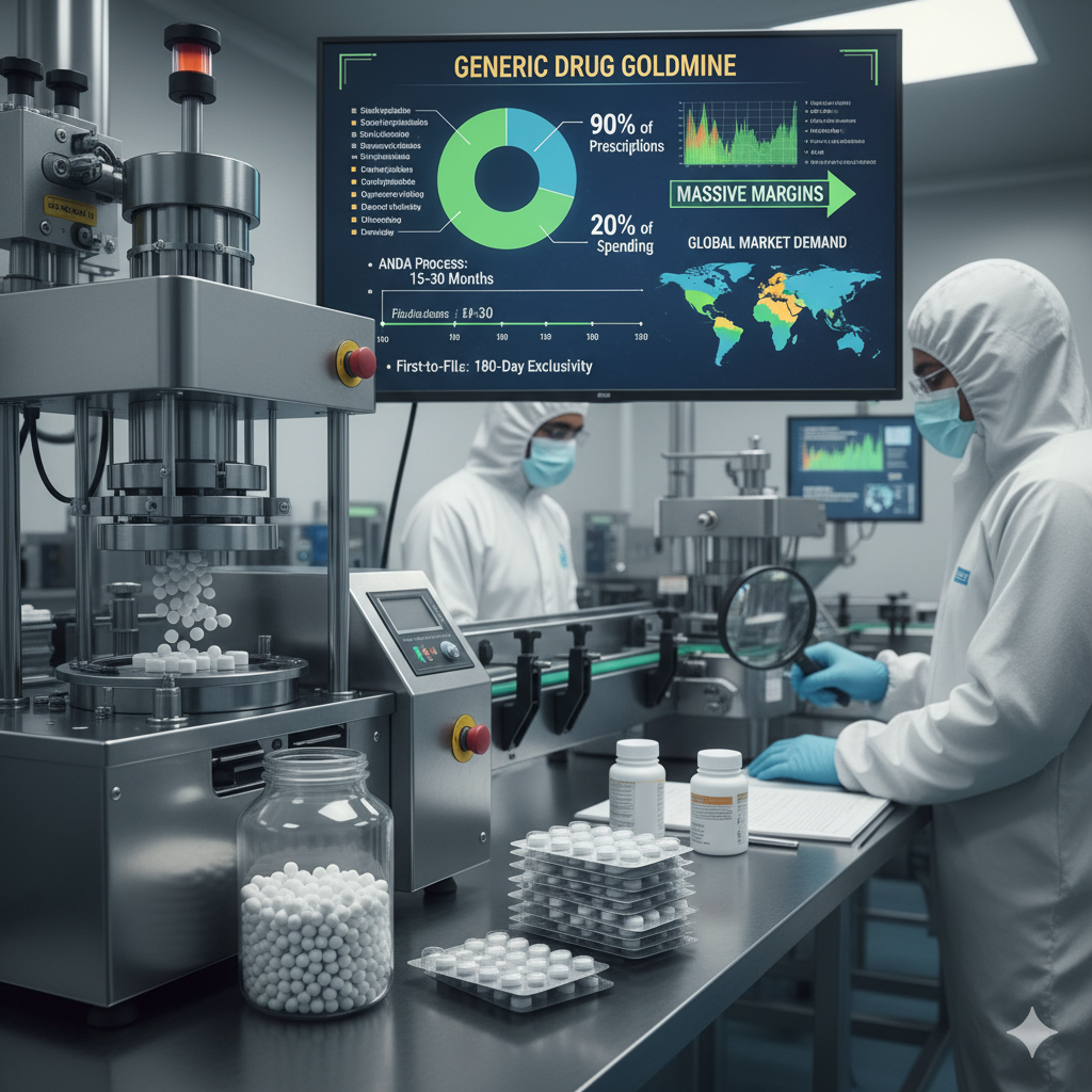 Scientist in a generic drug manufacturing facility. A screen in the background is titled 'Generic Drug Goldmine,' showing data on the massive profit margins and market demand.