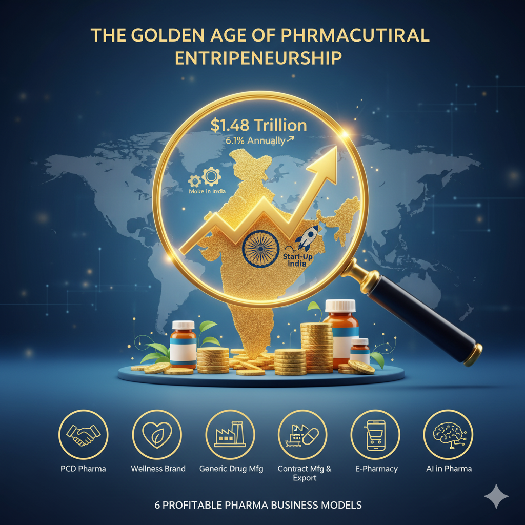 Infographic on 'The Golden Age of Pharmaceutical Entrepreneurship' in India, showcasing 6 profitable pharma business models like PCD Pharma and Generic Drug Manufacturing.