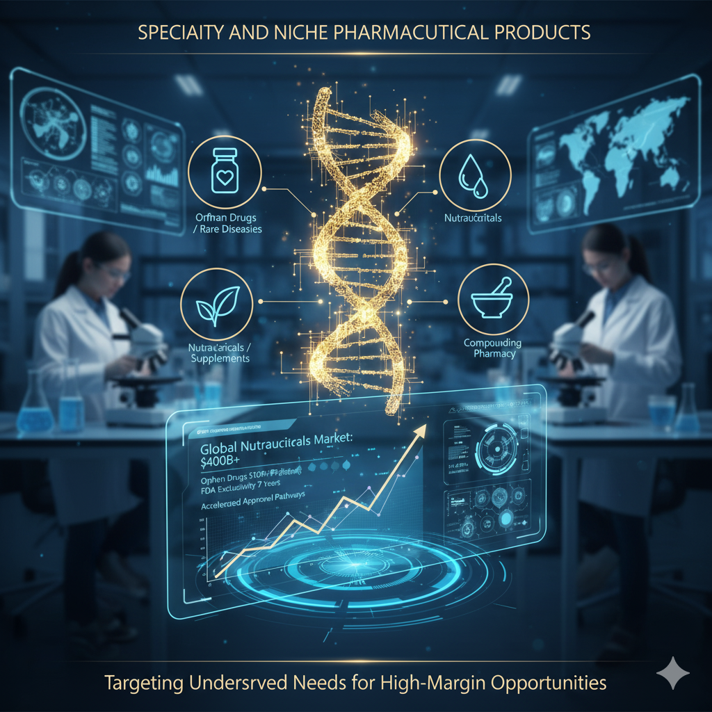 Specialty and Niche Pharmaceutical Products,' showing a DNA helix, orphan drugs, nutraceuticals, and compounding pharmacy services, highlighting high-margin opportunities.