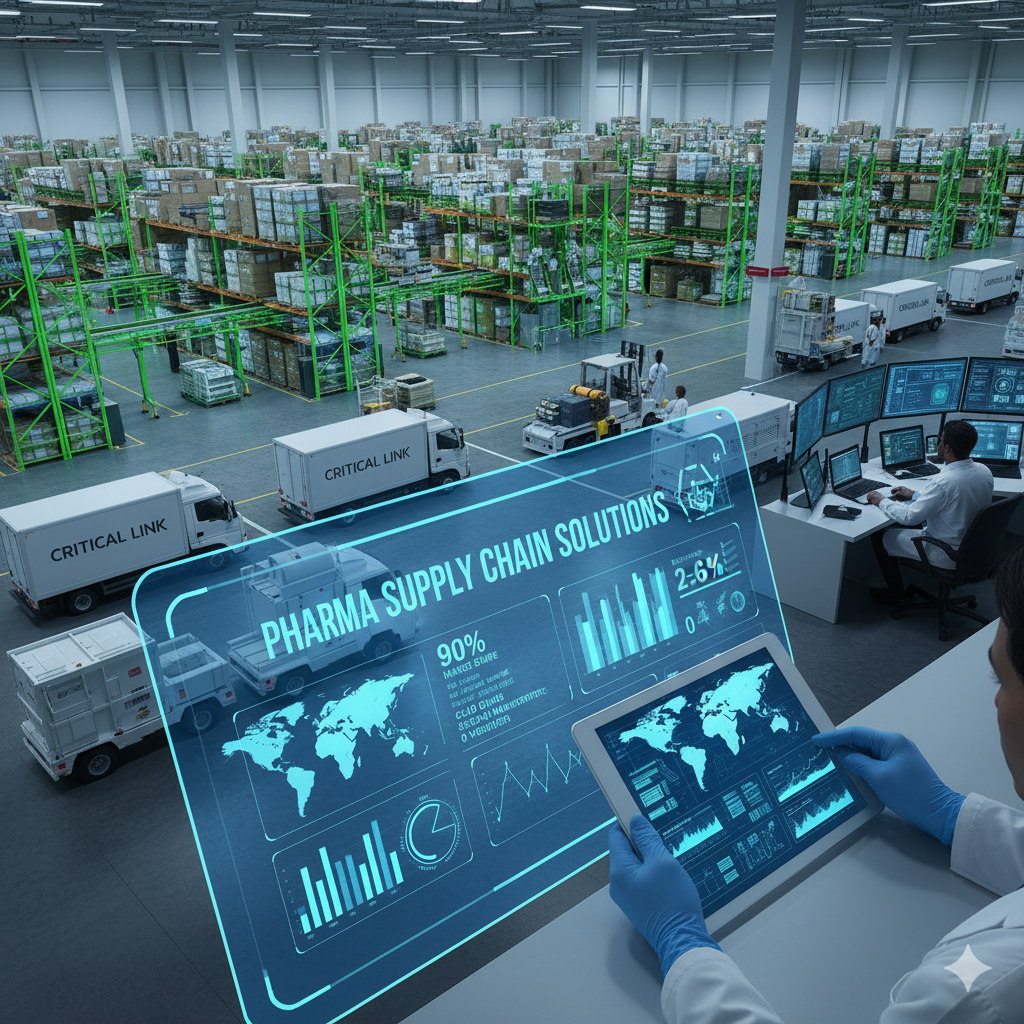 Modern pharmaceutical distribution warehouse showcasing supply chain solutions, with trucks, shelves of inventory, and a person analyzing logistics data on a transparent screen.