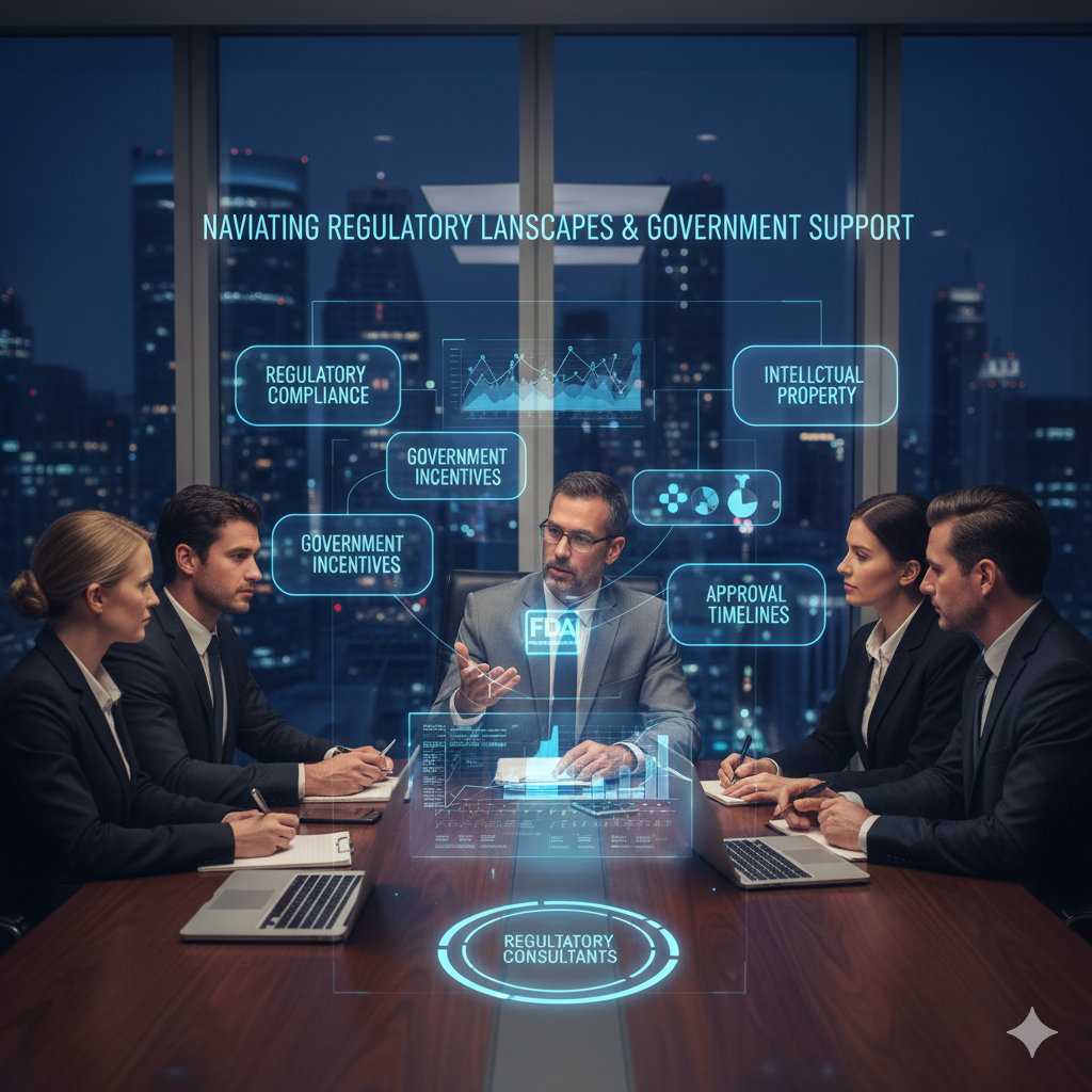 Infographic illustrating essential success factors for a pharma business, including team building, quality management, and risk management.