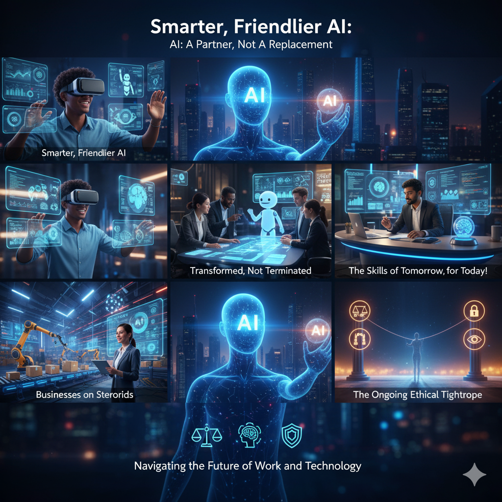 "A sophisticated infographic illustrating the themes of 'Smarter, Friendlier AI.' The central image depicts a glowing blue AI human figure reaching out to another glowing AI sphere, set against a futuristic cityscape. Surrounding this are several smaller, realistic panels. One shows a person wearing a VR headset interacting with holographic data, representing 'Smarter, Friendlier AI.' Another panel features a diverse group of professionals collaborating around a table with a small, friendly robot, titled 'Transformed, Not Terminated.' A third panel shows a person intently working at a desk surrounded by advanced holographic interfaces, labeled 'The Skills of Tomorrow, for Today!' Below these, one panel displays a woman observing a robotic arm in a streamlined factory setting, symbolizing 'Businesses on Steroids.' The final panel depicts ethical icons like a balance scale, a brain, an eye, and a shield atop pillars, under the heading 'The Ongoing Ethical Tightrope.' The overall design is sleek and professional, conveying innovation and human-AI synergy."