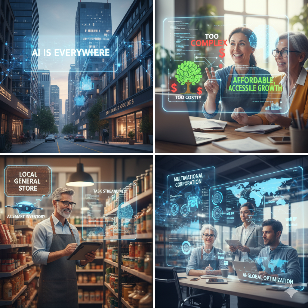 A futuristic, bustling city street at dusk with a large, glowing overlay that reads "AI IS EVERYWHERE." Digital data streams and lines connect modern skyscrapers, representing the pervasiveness of technology in the urban landscape.