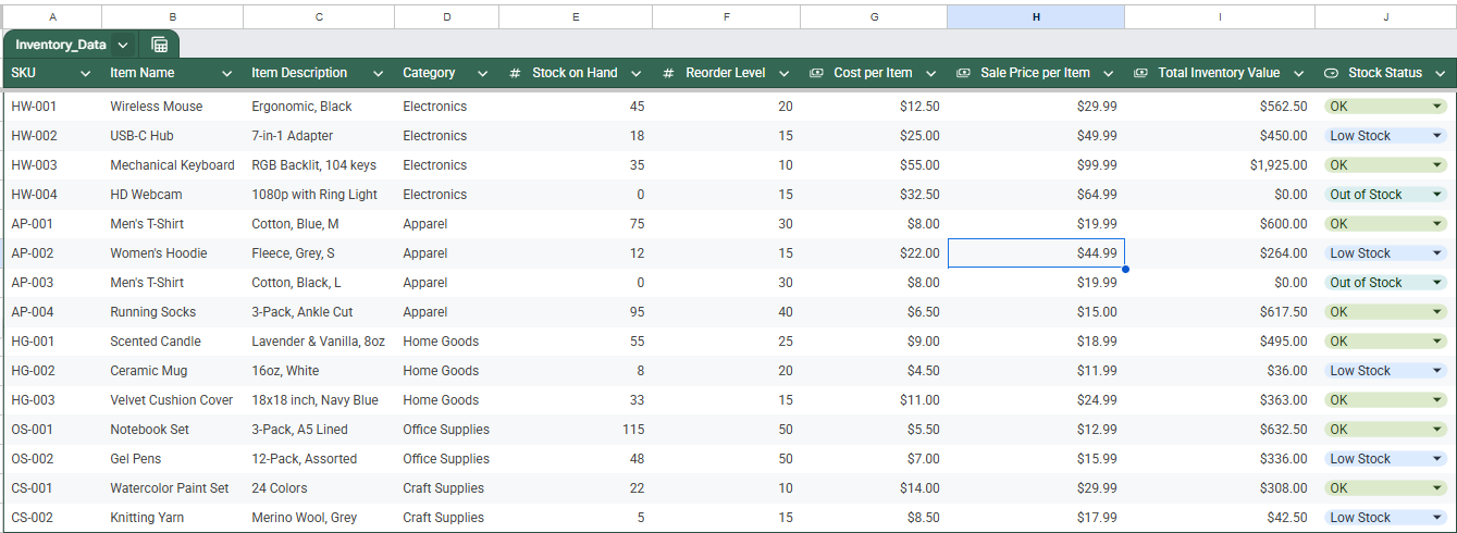 Demo excel sheet for inventory management
