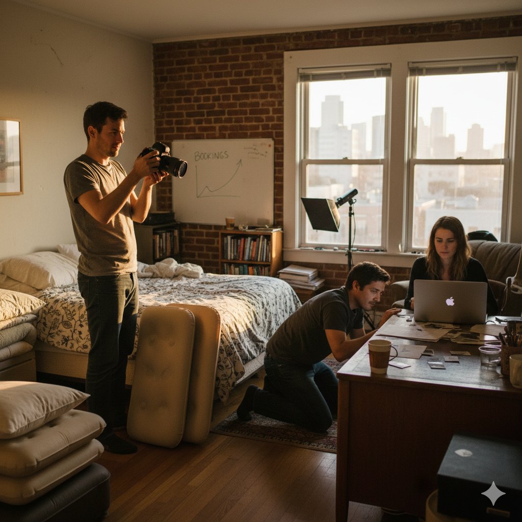 Three startup founders in a modest apartment, representing the early days of Airbnb. One founder takes photos while deflated air mattresses sit in the foreground and a whiteboard shows rising bookings.