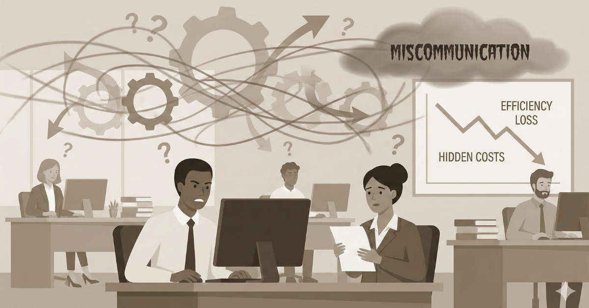 ector illustration of a chaotic office environment showing team communication problems where confused employees represent how miscommunication in SMBs acts as a silent efficiency killer.