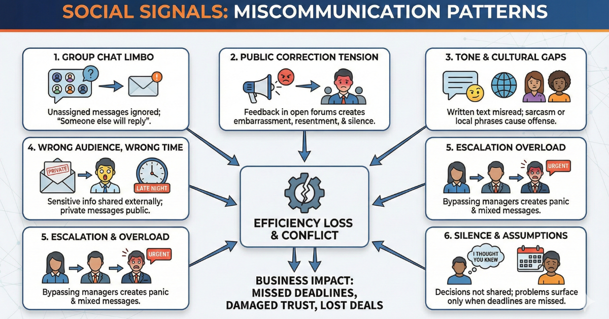 Digital interface visualization showing ignored messages and tone misunderstandings in a group chat, reflecting team communication problems and miscommunication in remote work environments