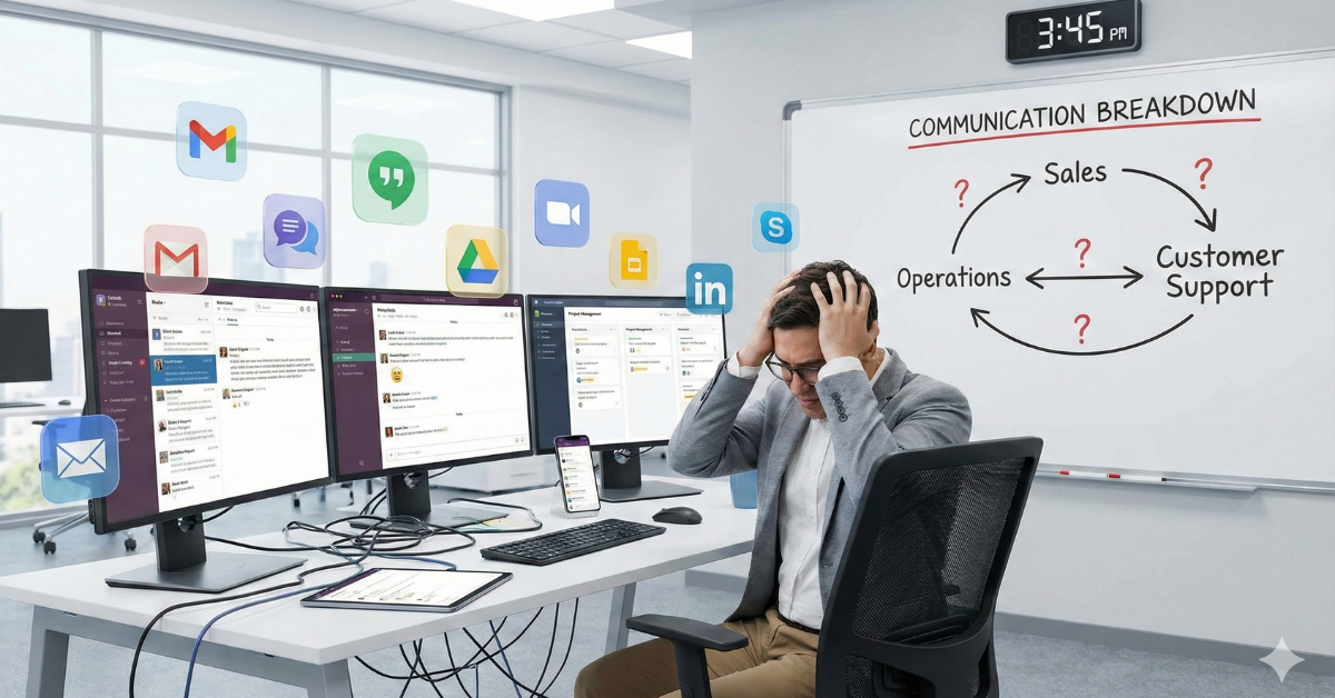 Modern and bright workspace illustration showing an employee overwhelmed by multiple app notifications, highlighting miscommunication in SMBs and team communication problems resulting from scattered digital tools.