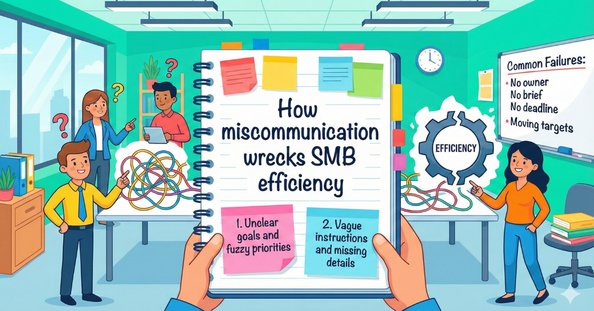 Professional graphic depicting team communication problems caused by vague instructions, with arrows pointing in conflicting directions illustrating miscommunication regarding business goals.