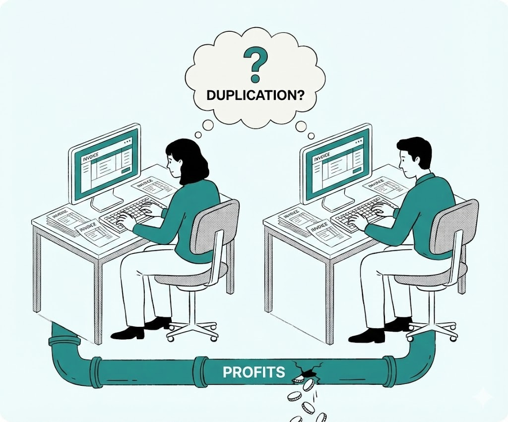 A 3D illustration of a business profit pipeline leaking gold coins, symbolizing financial loss caused by hidden task duplication.