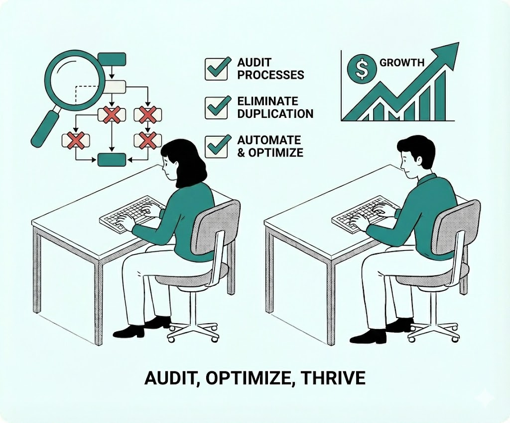 "Two office employees working on identical screens at separate desks, illustrating the silent cost of task duplication in small businesses.